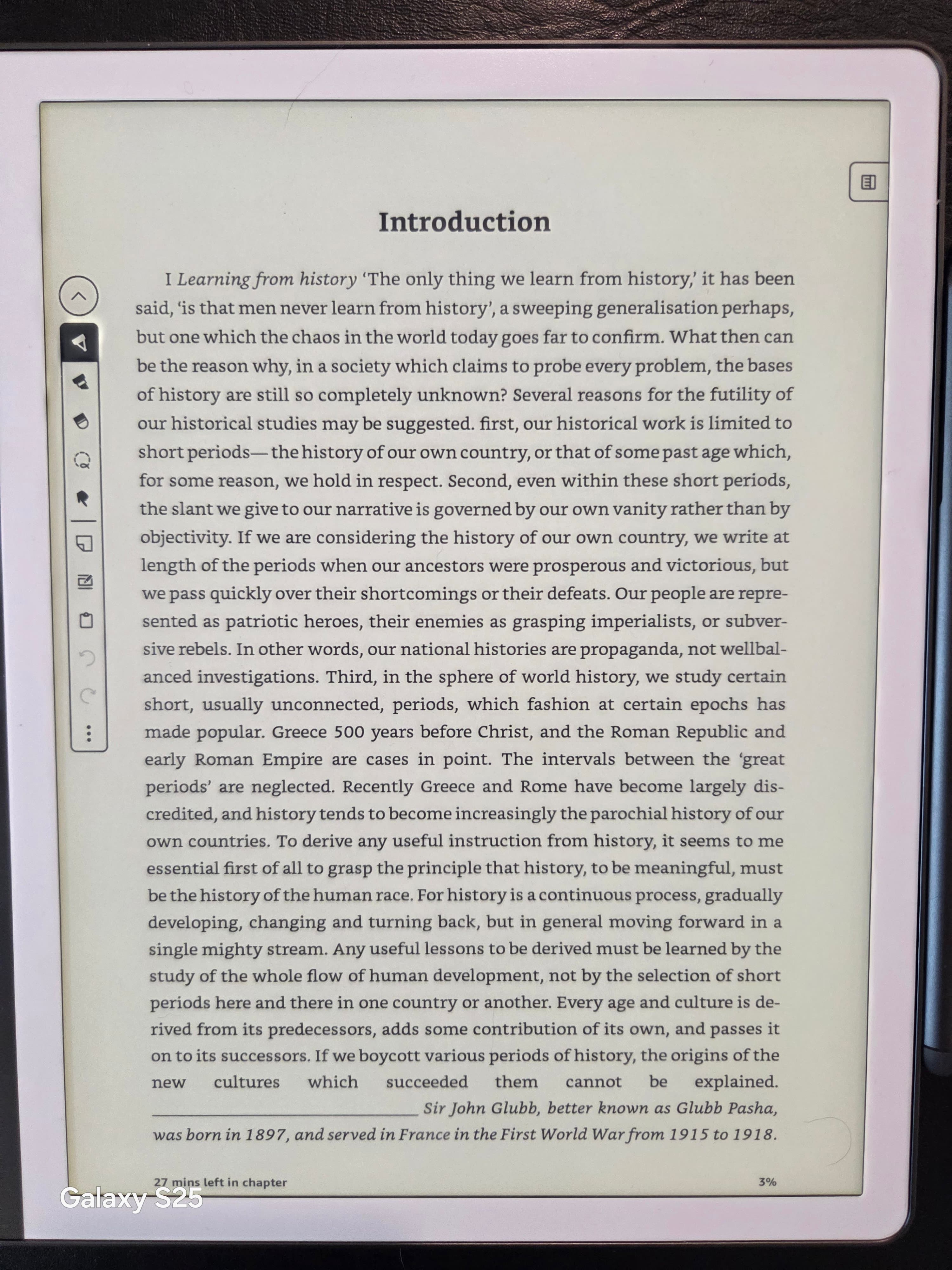 Kindle Scribe showing the same Glubb Fate of Empires Introduction passage after leafbind conversion, with the left column read completely before the right column begins, producing a continuous readable flow.