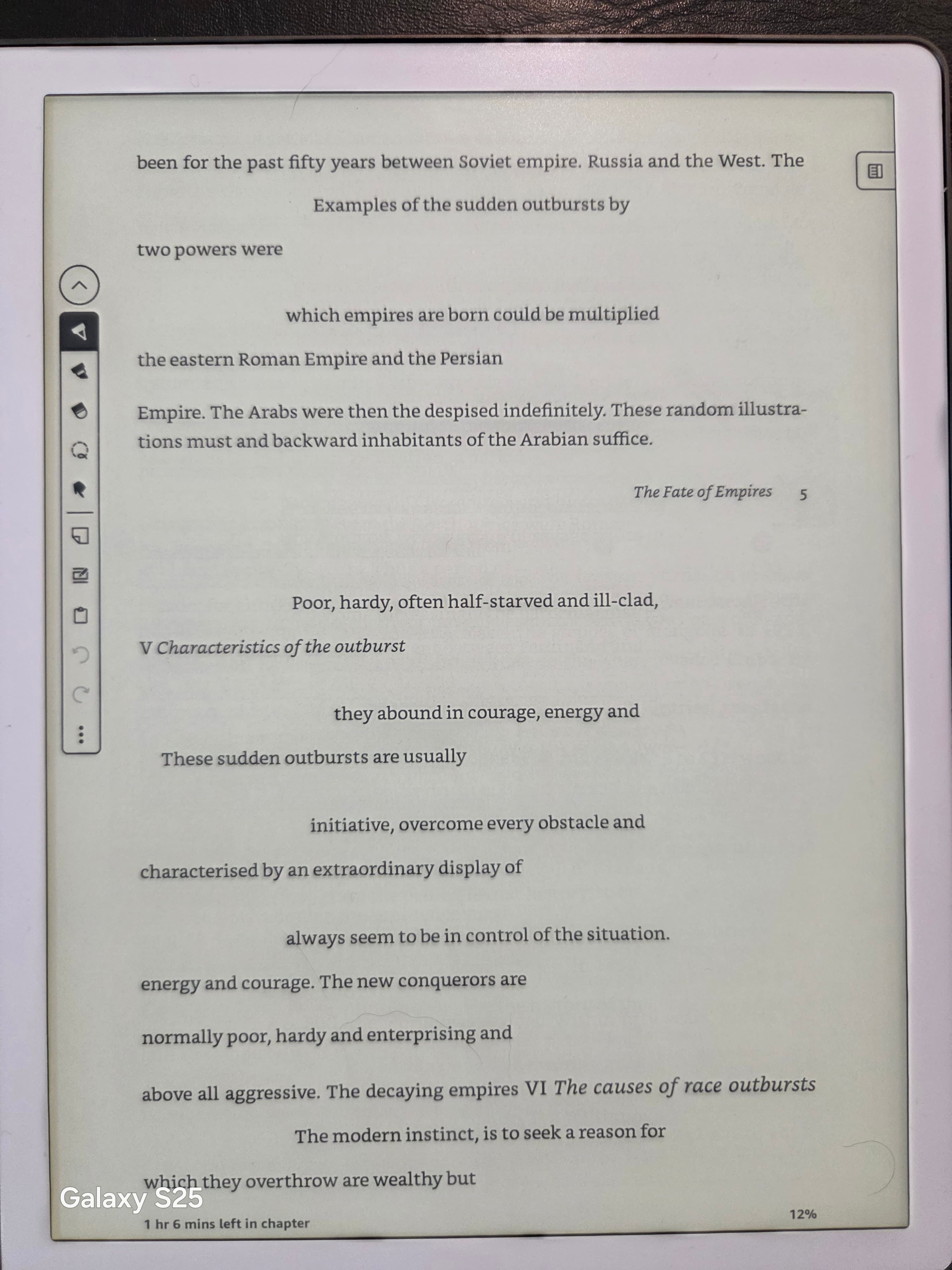 Kindle Scribe showing the Introduction page of Glubb's Fate of Empires, with two-column source text interleaved line-by-line into a single broken text flow.