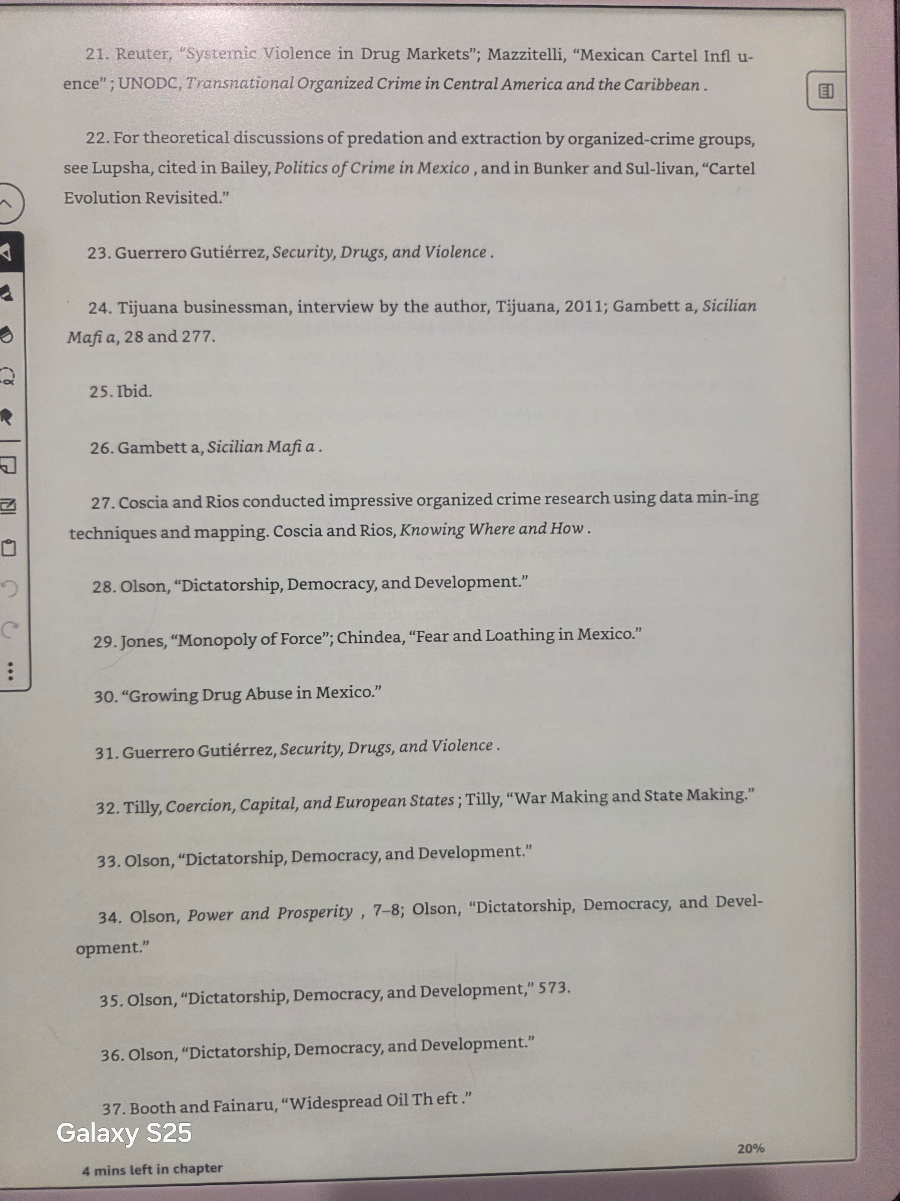 Kindle Scribe showing the Notes section of Mexico's Illicit Drug Networks: a flat numbered list of citations 21-37 with no links back to the body text.